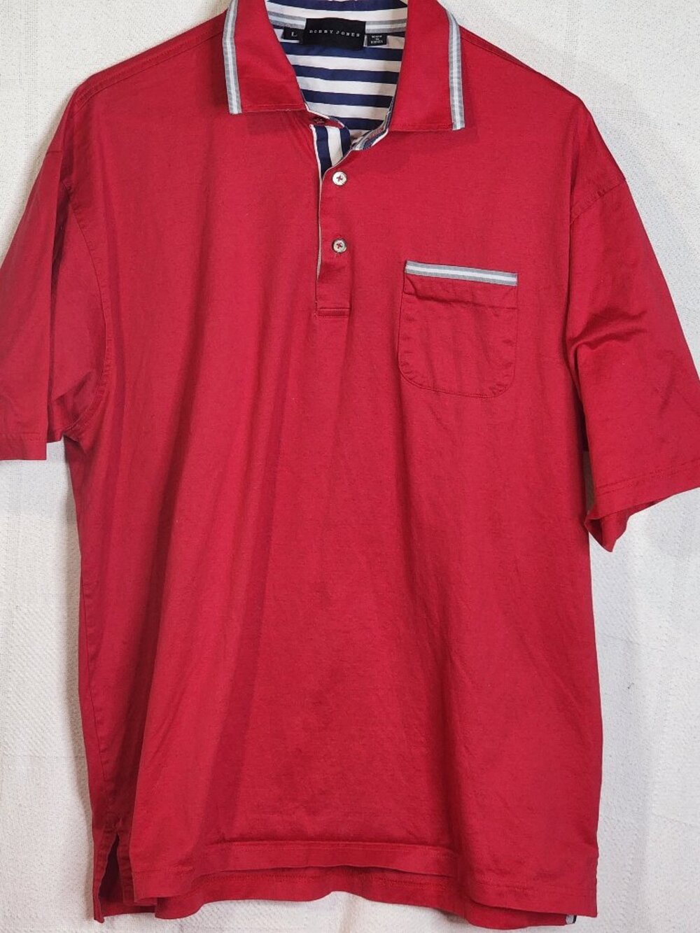 Bobby Jones Red White Blue Gray Stripe Collar Pocket Cotton Polo Golf Shirt Sz L